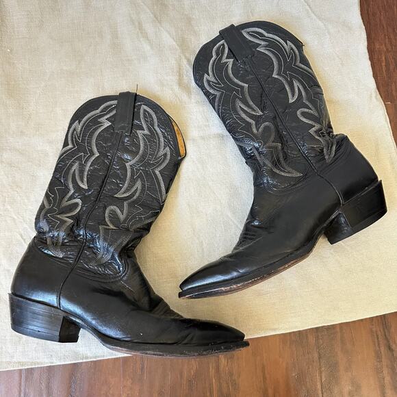 NOCONA Cowboy Boots Black Leather Pull On Western Pointed Toe USA - Picture 5 of 11
